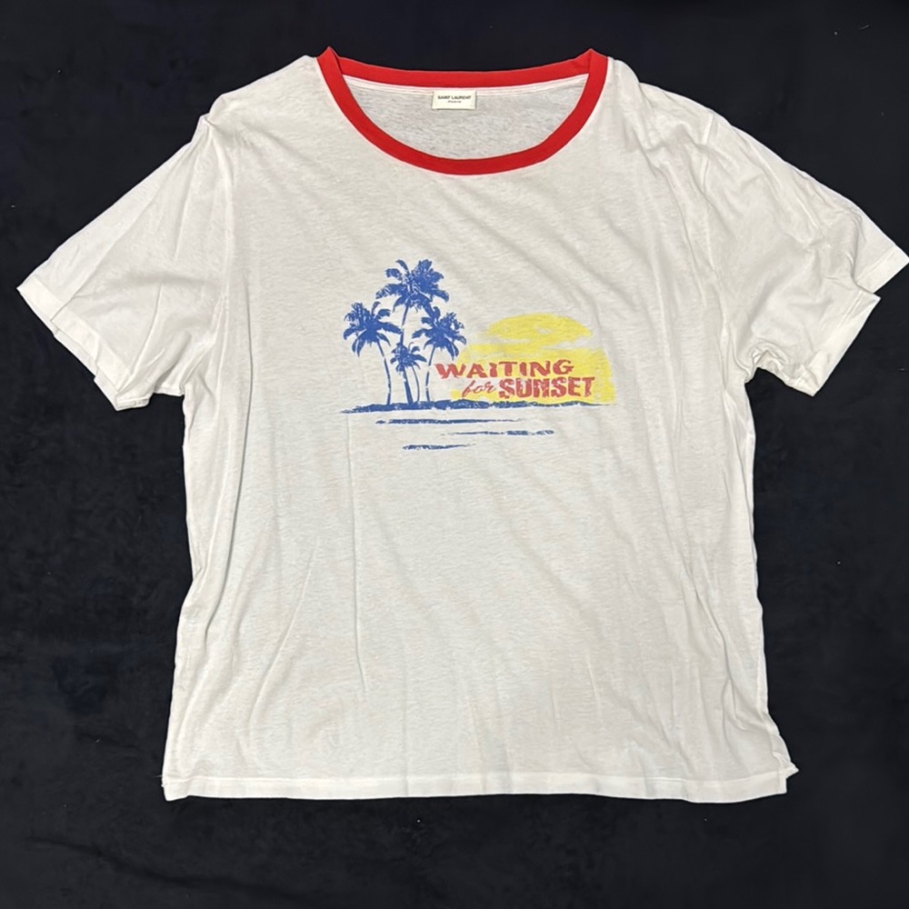 Saint Laurent Men’s White Graphic Tee with Red Trim - 'Waiting for Sunset'